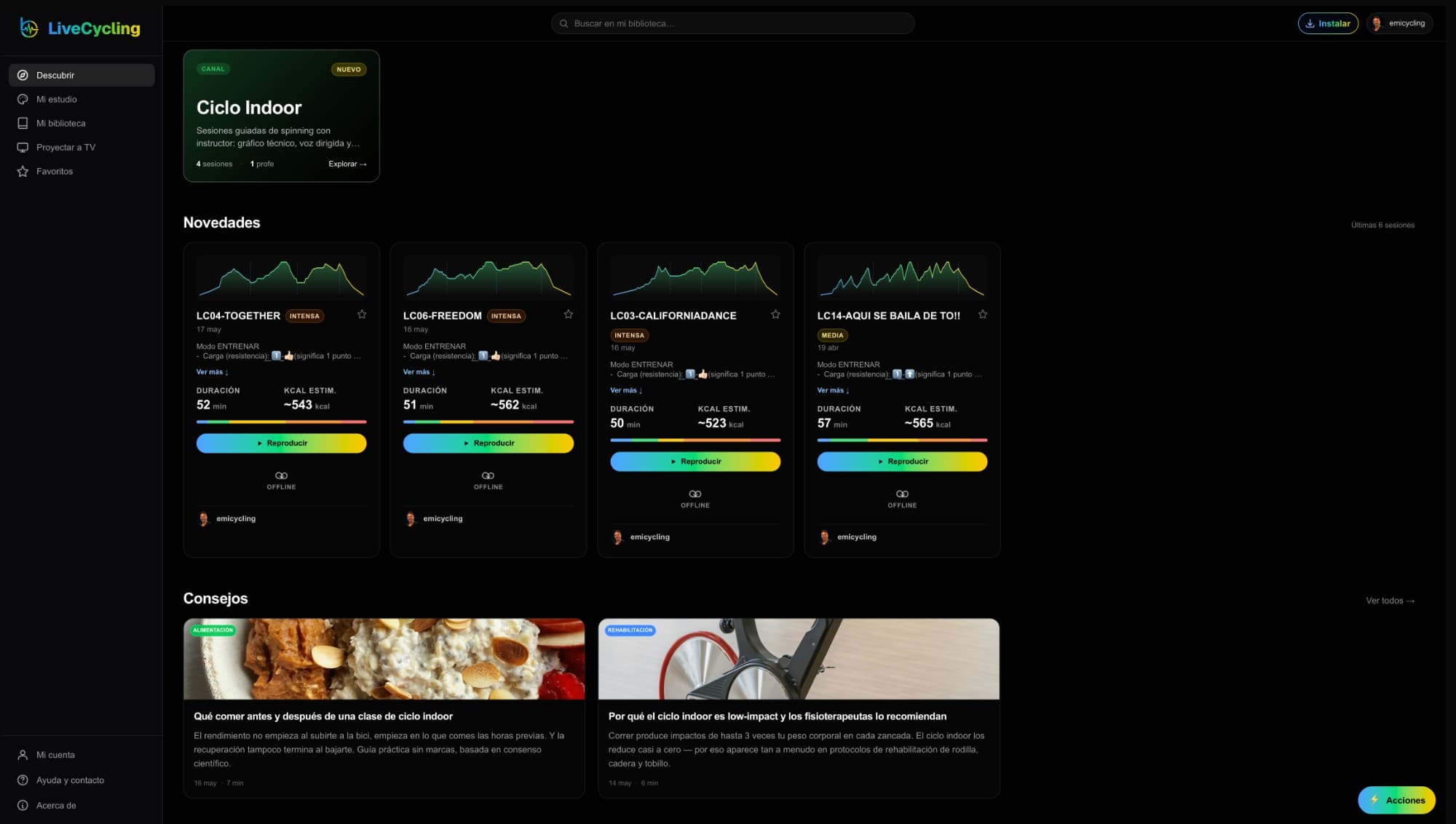 Pantalla de descubrir de LiveCycling con canales destacados, novedades de sesiones y artículos del blog